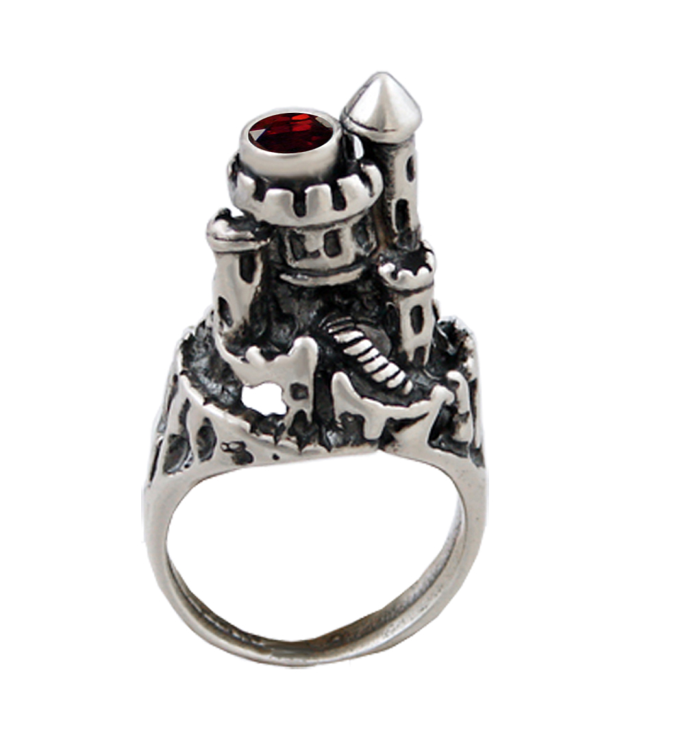 Sterling Silver Impractical But Fablous Castle Ring With Garnet Size 10